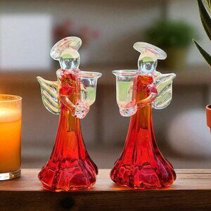 Mid Century Modern Thick Glass 9" Angel Candle stick holders